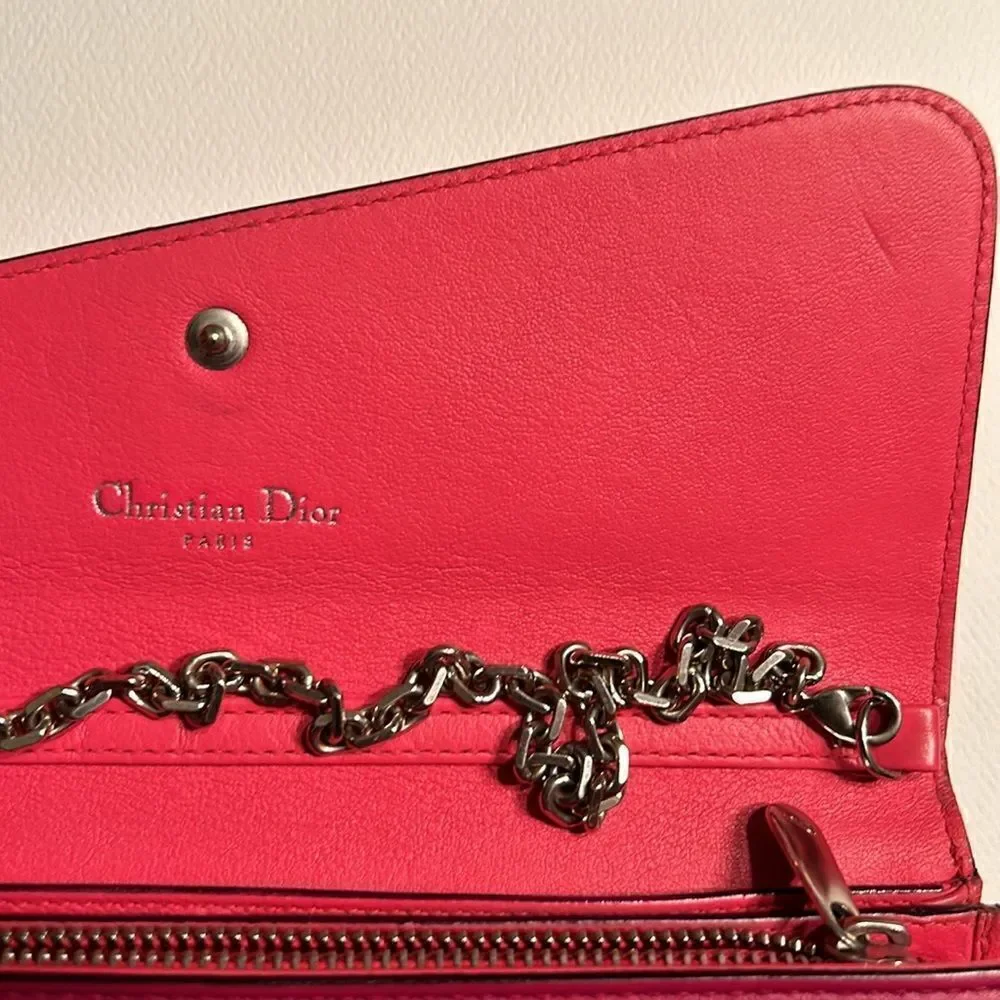 - Authentic Cristian Dior Leather Pink/Coral Wallet on a Chain